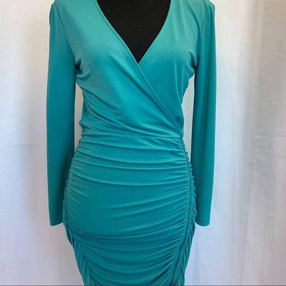 BCBGMAXAZRIA teal seagreen long sleeve wrap ruched mini dress Sz S - Picture 4 of 13